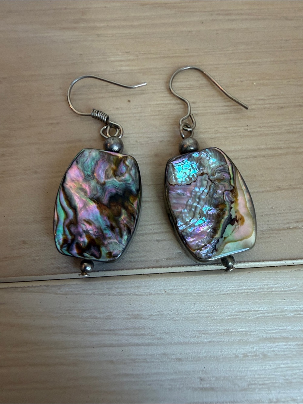 Abalone Shell Dangle Earrings - Silvertone Iridescent Paua